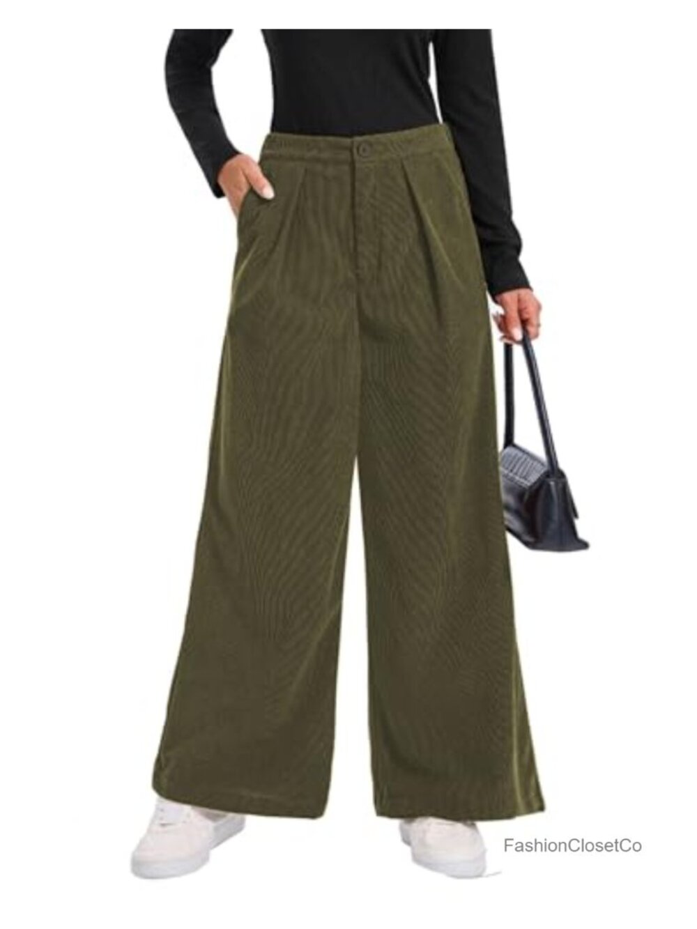 Wide Leg Corduroy Pants High Waist Pleated Button Elastic